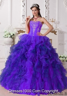Purple Sweetheart Organza Embroidery Sweet 16 Dresses with Embroidery