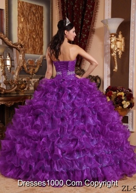 Purple Sweetheart Organza Quinceanera Gowns with Beading and Ruffles