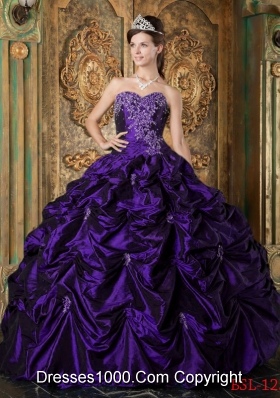 Purple Sweetheart Taffeta Quinceanera Gowns with Appliques and Pick-ups