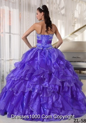 Strapless Organza Appliques and Ruffles for Purple Quinceanera Gowns