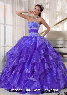 Strapless Organza Appliques and Ruffles for Purple Quinceanera Gowns