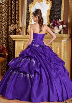 2014 Purple Ball Gown Strapless Appliques and Pick-ups Sweet 16 Dresses