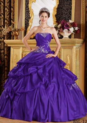 2014 Purple Ball Gown Strapless Appliques and Pick-ups Sweet 16 Dresses