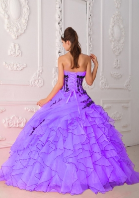 2014 Sweet Strapless Appliques and Ruffles Purple Quinceanera Dress