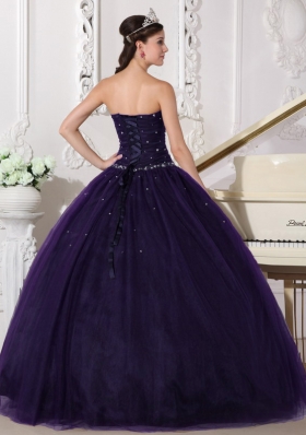 Ball Gown Dark Purple Sweetheart Tulle Rhinestone Quinceanera Dress