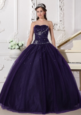 Ball Gown Dark Purple Sweetheart Tulle Rhinestone Quinceanera Dress