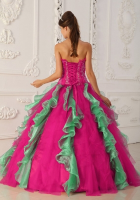 Coral Red and Green Ball Gown Strapless Quinceanera Dress with  Appliques Beading