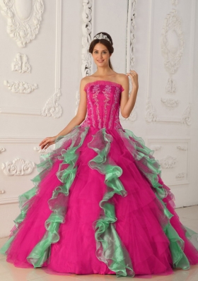 Coral Red and Green Ball Gown Strapless Quinceanera Dress with  Appliques Beading