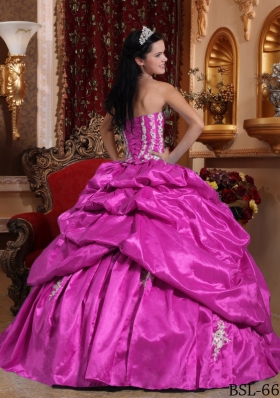 Fuchsia Ball Gown Strapless Quinceanera Dress with  Taffeta Appliques