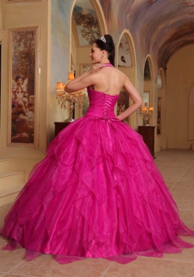 Hot Pink Ball Gown Halter Quinceanera Dress with Organza Embroidery