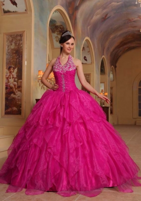Hot Pink Ball Gown Halter Quinceanera Dress with Organza Embroidery