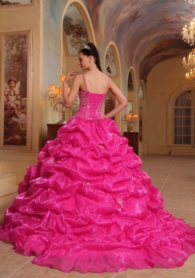 Hot Pink Ball Gown Spaghetti Straps Quinceanera Dress with Organza Embroidery