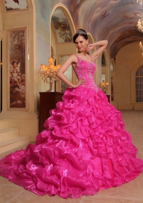 Hot Pink Ball Gown Spaghetti Straps Quinceanera Dress with Organza Embroidery
