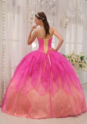 Hot Pink Ball Gown Strapless 2014 Quinceanera Dress with Organza Beading