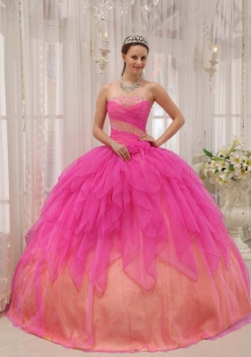 Hot Pink Ball Gown Strapless 2014 Quinceanera Dress with Organza Beading