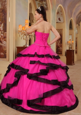 Hot Pink Ball Gown Strapless Quinceanera Dress with Organza Appliques