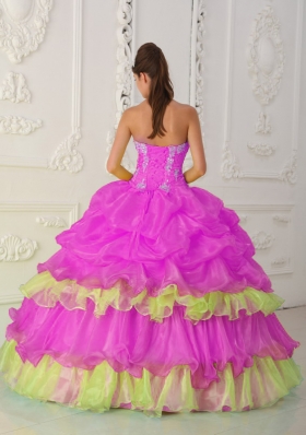 Hot Pink Ball Gown Strapless Quinceanera Dress with  Organza Beading Ruffles