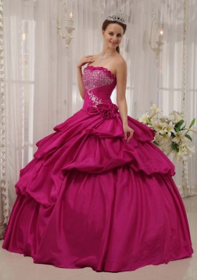 Hot Pink Ball Gown Strapless Quinceanera Dress with Taffeta Beading