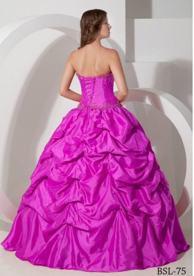 Hot Pink Ball Gown Strapless Quinceanera Dress with Taffeta Pick-ups