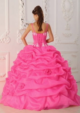 Hot Pink Ball Gown Straps Quinceanera Dress with  Organza Appliques