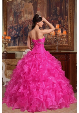 Hot Pink Ball Gown Sweetheart Quinceanera Dress with  Organza Beading