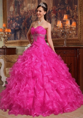Hot Pink Ball Gown Sweetheart Quinceanera Dress with  Organza Beading