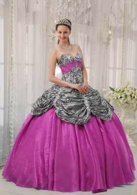 Hot Pink Ball Gown Sweetheart Quinceanera Dress  with Taffeta Zebra Beading