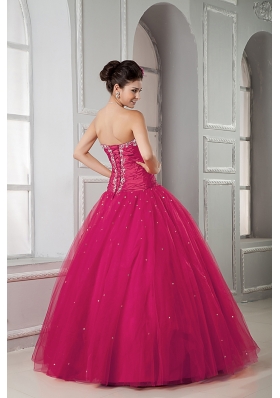 Hot Pink Sweetheart Tulle Beading Quinceaneras Dress for Cheap