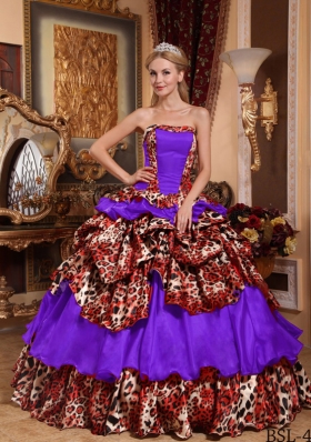 Multi-color Strapless Taffeta and Leopard Pick-ups Dresses For a Quinceanera