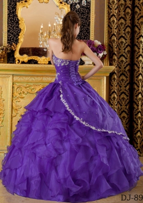 Princess Strapless Organza Appliques for Purple  Sweet 16 Dresses