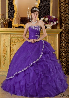 Princess Strapless Organza Appliques for Purple  Sweet 16 Dresses
