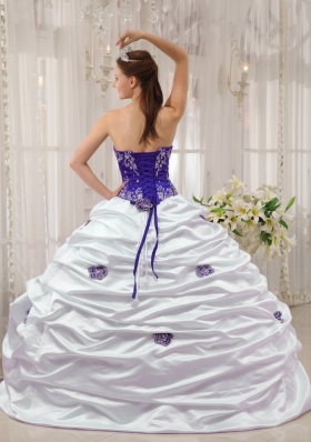 Purple and White Sweetheart Embroidery Quinceanera Dress with Pick-ups