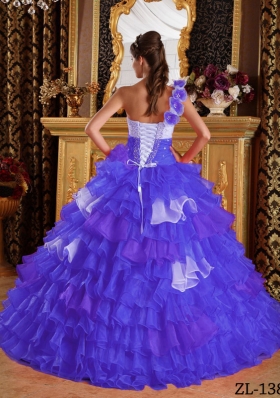 Purple Ball Gown One Shoulder Ruffled Layers and Beading Quinceanera Dress