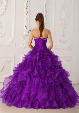 Purple Ball Gown Strapless Embroidery Ruffles Latest Quinceanera Dress