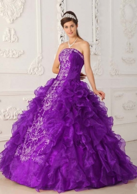 Purple Ball Gown Strapless Embroidery Ruffles Latest Quinceanera Dress