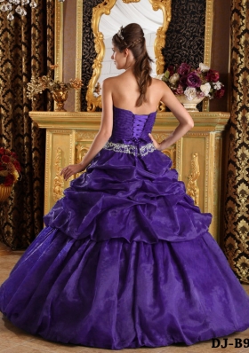 Purple Princess Strapless Quinceanera Gowns with Appliques and Pick-ups