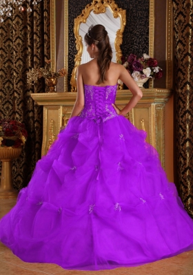 Purple Princess Strapless Tulle Quinceanera Gowns with Pick-ups