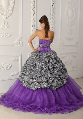 Purple Strapless Chapel Train Zebra Sweet 16 Dresses with Appliques and Pick-ups