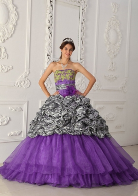 Purple Strapless Chapel Train Zebra Sweet 16 Dresses with Appliques and Pick-ups