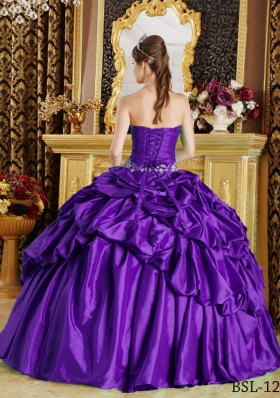 Purple Strapless Discount Quinceanera Gowns with Beading and Pick-ups