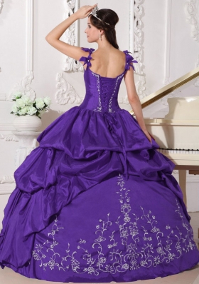 Purple Straps Embroidery Quinceanera Dress with Pick-ups