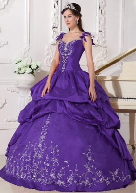 Purple Straps Embroidery Quinceanera Dress with Pick-ups