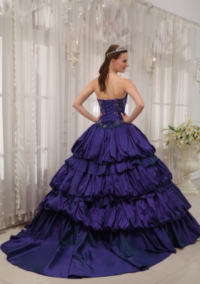 Purple Sweetheart Court Train Quinceanera Gowns with Appliques and Pick-ups