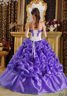 Purple Sweetheart Hand Made Flowers and Pick-ups Quinceanera Dress with Appliques