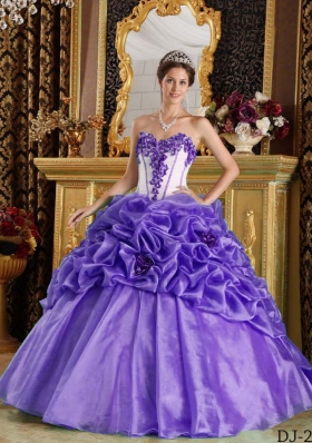 Purple Sweetheart Hand Made Flowers and Pick-ups Quinceanera Dress with Appliques