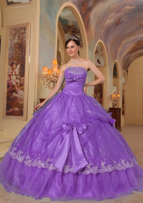 Wonderful Purple Strapless Bows Sequins Dress For Quinceanera