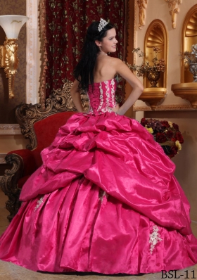 2014 Appliques Hot Pink Ball Gown Strapless Quinceanera Dress