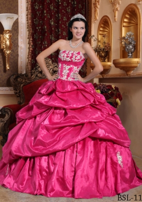 2014 Appliques Hot Pink Ball Gown Strapless Quinceanera Dress