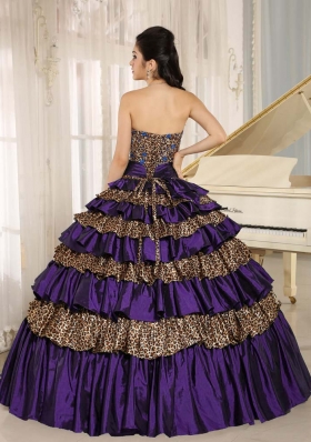 2014 Dark Purple Leopard Ruffled Layers and Appliques With Beading Dresses For a Quince For Custom Made