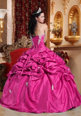 2014 Hot Pink Ball Gown Strapless Quinceanera Dress with Taffeta Appliques